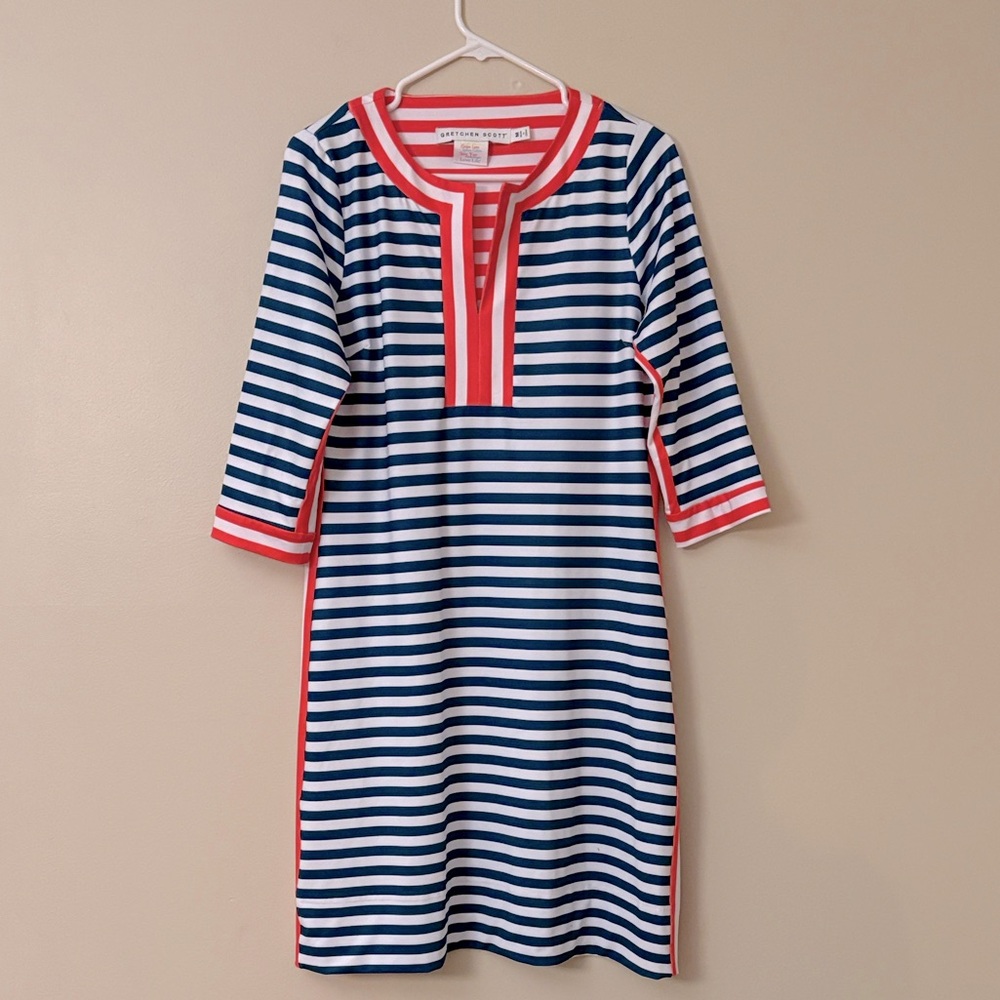 Gretchen Scott Designs Blue and White Striped Dress with Coral Trim